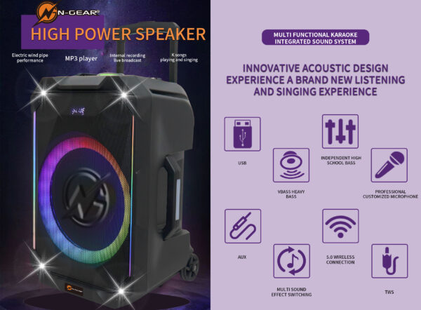 N-Gear FLASH1240 12'' Portable Karaoke Speaker with 1x Wireless Mic LED Lights USB & BT - Image 7