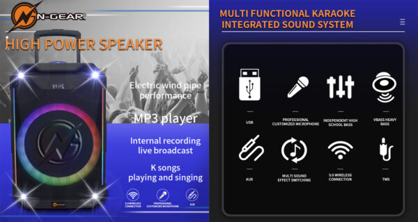 N-Gear FLASH1540 15'' Portable Karaoke Speaker with 1x Wireless Mic LED Lights USB & BT - Image 5