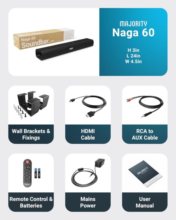 Majority Soundbar NAGA60 120W 2.1 3D Sound Built-in Sub & Wall Mount - Image 6