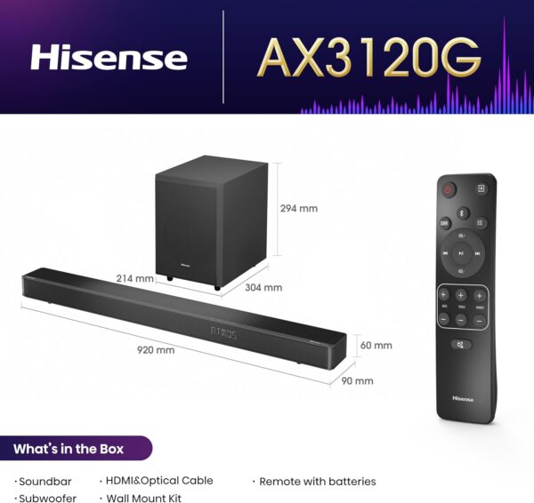 Hisense Soundbar AX3120G 3.1.2 CH 360W BT/USB/Optical DOLBY ATMOS - Image 8