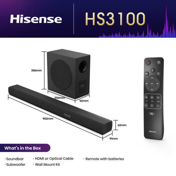Hisense Soundbar HS3100 3.1 CH 480W BT/USB/Optical - Image 7