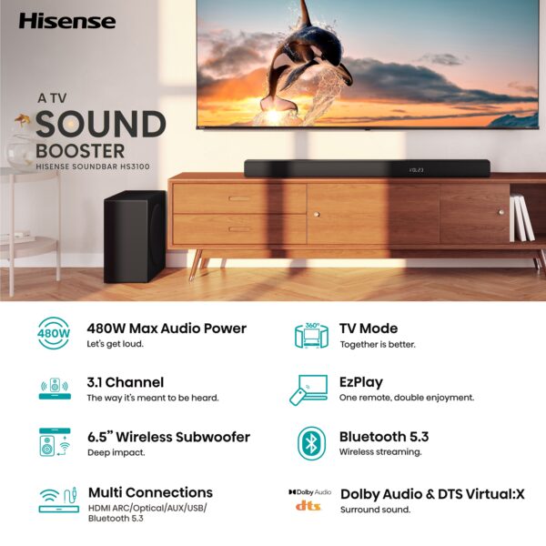 Hisense Soundbar HS3100 3.1 CH 480W BT/USB/Optical - Image 2