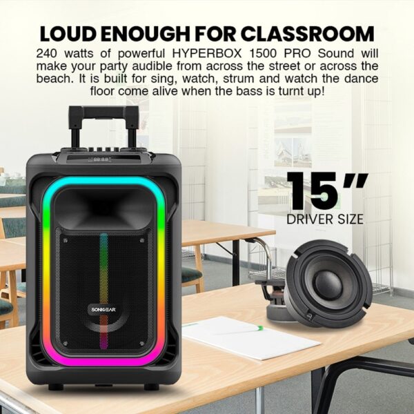 SonicGear HYPERBOX 1500 Pro 15'' Portable Karaoke Speaker 240W BT/USB 2x Wireless Mics - Image 2