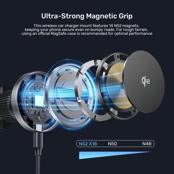 Unitek Charge Car Wireless Qi2 Magnetic 15W & AirVent Mount P1404A - Image 6