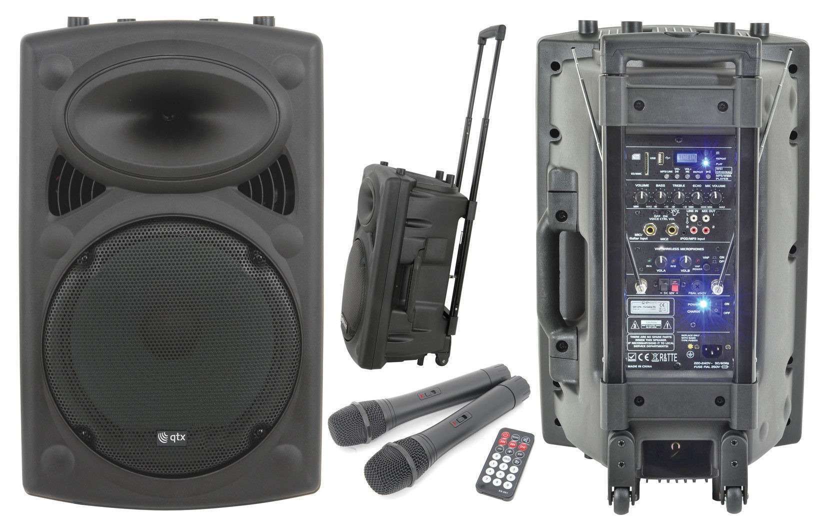 QTX QR15PA 15” Professional Portable Karaoke & PA Speaker with 2x Wireless Microphones, Bluetooth USB & FM 178.848UK