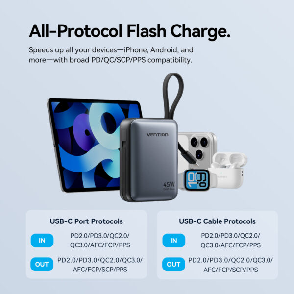 Vention Powerbank 10000mAh 45W Built-in USB-C & Lightning Cables FKMN0 Beige - Image 7