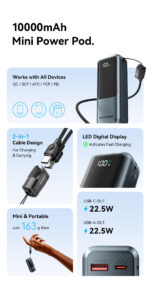 Vention Powerbank 10000mAh 22.5W Built-in USB-C Lanyard + Display FKOH0 - Image 6