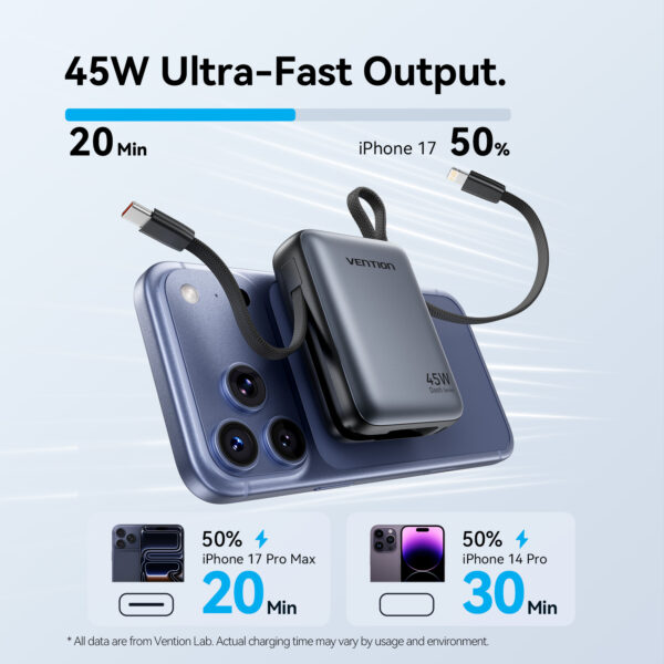 Vention Powerbank 10000mAh 45W Built-in USB-C & Lightning Cables FKMN0 Beige - Image 3