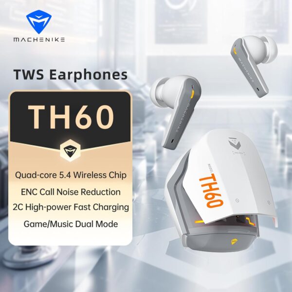 Machenike TWS Earphones TH60 , Ultra-Low Latency, Active Noise Cancelling Mic, 36-Hour Battery Life, IPX5 , VR, Switch, Pc, Phone, White - Image 2