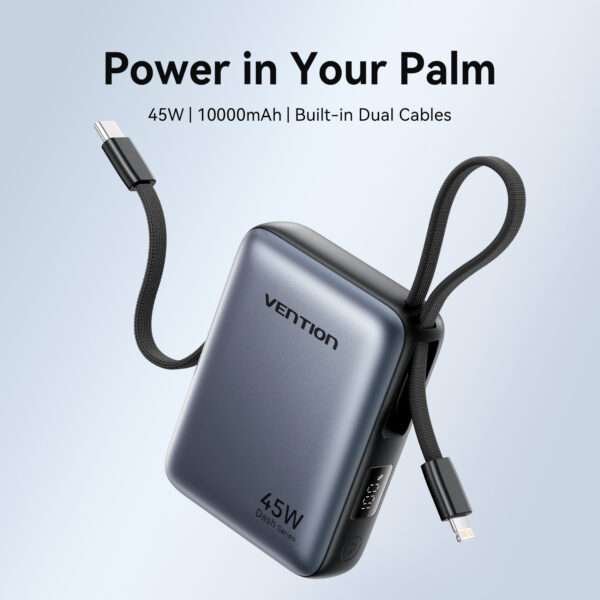 Vention Powerbank 10000mAh 45W Built-in USB-C & Lightning Cables FKMH0 Grey - Image 6
