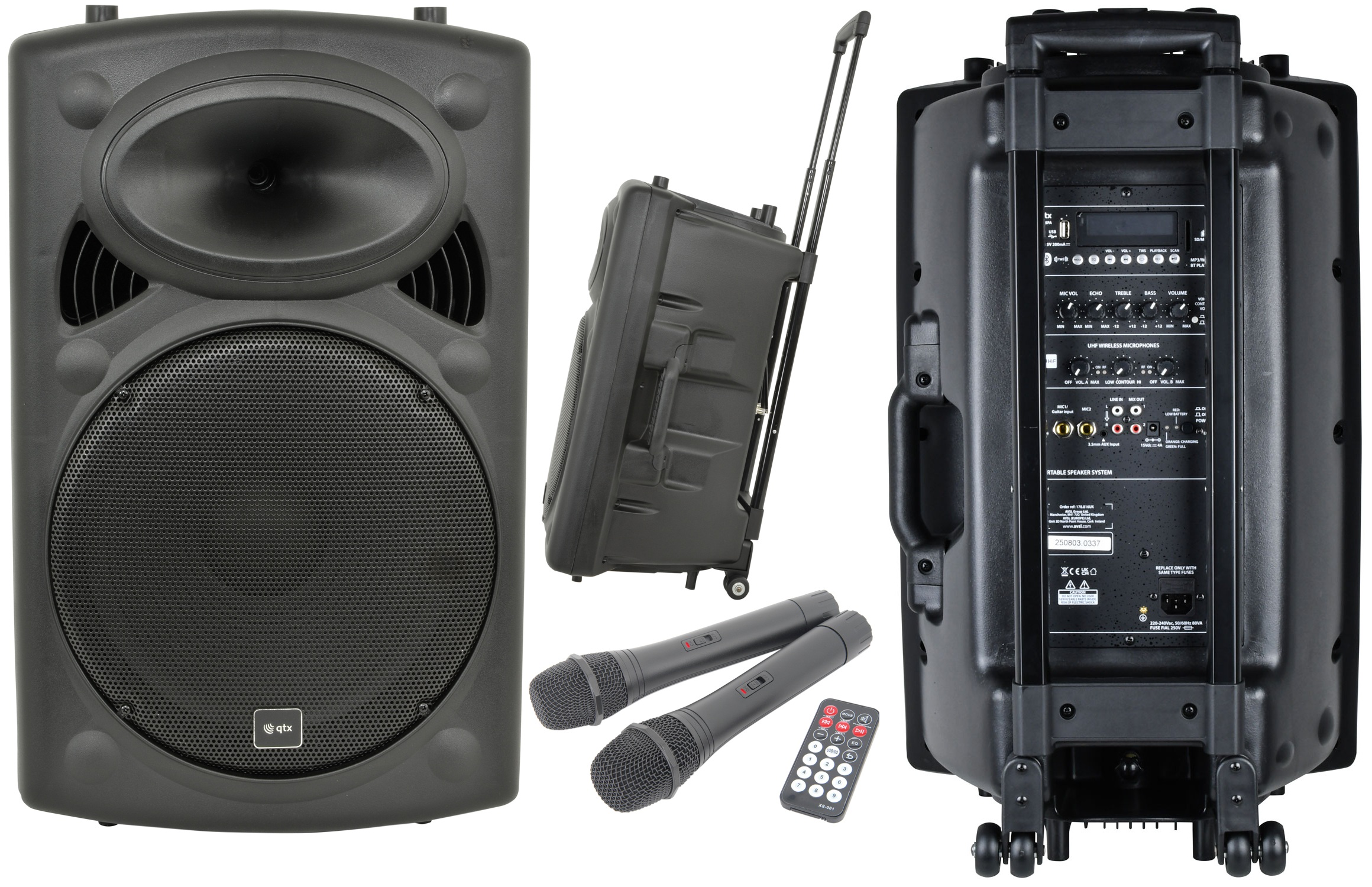 QTX QR15PA (2025) 15'' Professional Portable Karaoke & PA Speaker with 2x Wireless UHF Microphones, BT USB & FM 178.816UK