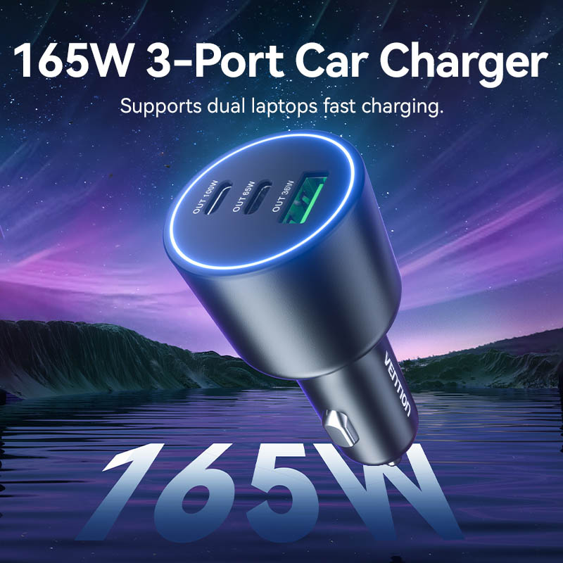 Vention Charger Car 165W 2xUSBC 1xUSBA 100W Max Black FFPB0 - Image 3