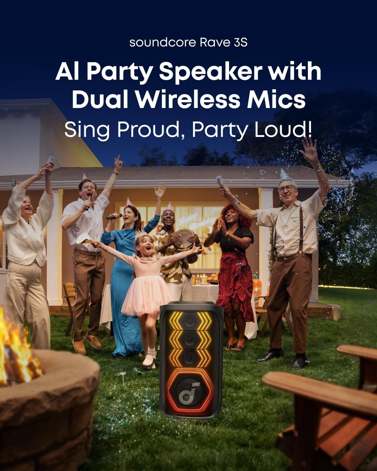 Anker Soundcore Rave 3 S Portable Karaoke Speaker with AI Vocal Removal, Beat Synced Light Show & 2x Wireless Mics