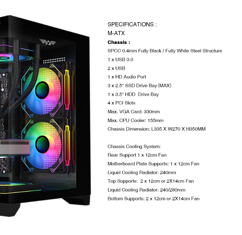 Armaggeddon Gaming Case M-ATX AQUARON WiBO White (Full Glass & Hidden PSU)