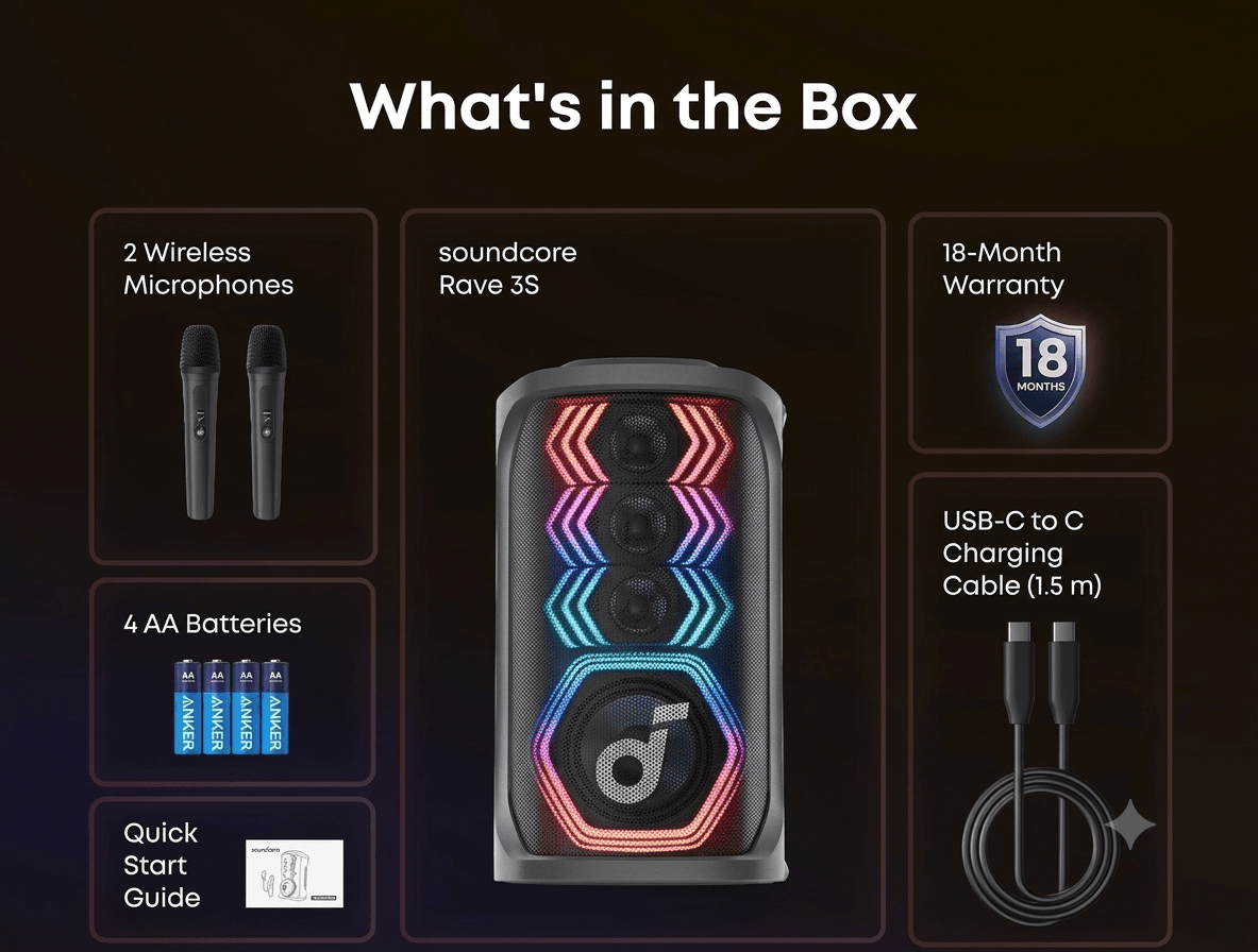 Anker Soundcore Rave 3 S Portable Karaoke Speaker with AI Vocal Removal, Beat Synced Light Show & 2x Wireless Mics