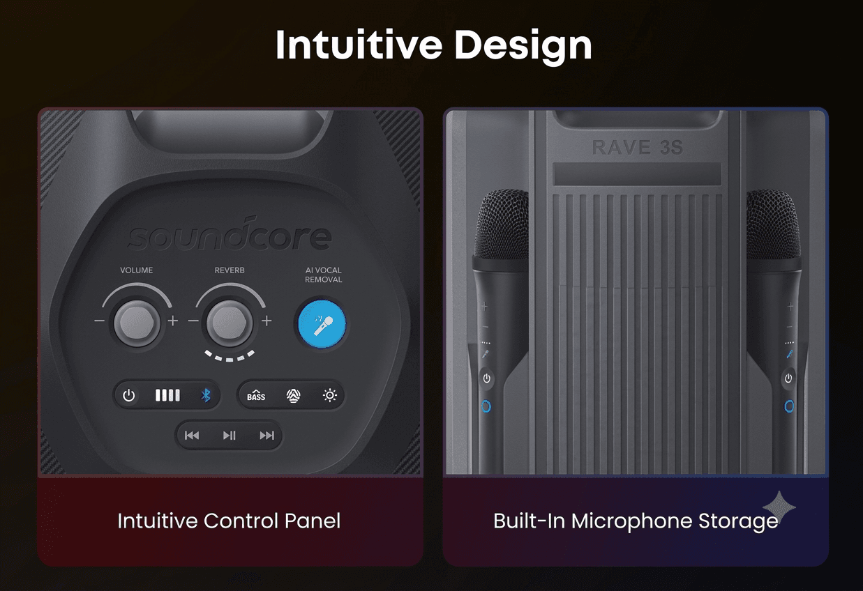 Anker Soundcore Rave 3 S Portable Karaoke Speaker with AI Vocal Removal, Beat Synced Light Show & 2x Wireless Mics