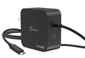 j5create Charger Wall Travel 102W GaN 2xUSB-C + USB-C Cable JUP25102V