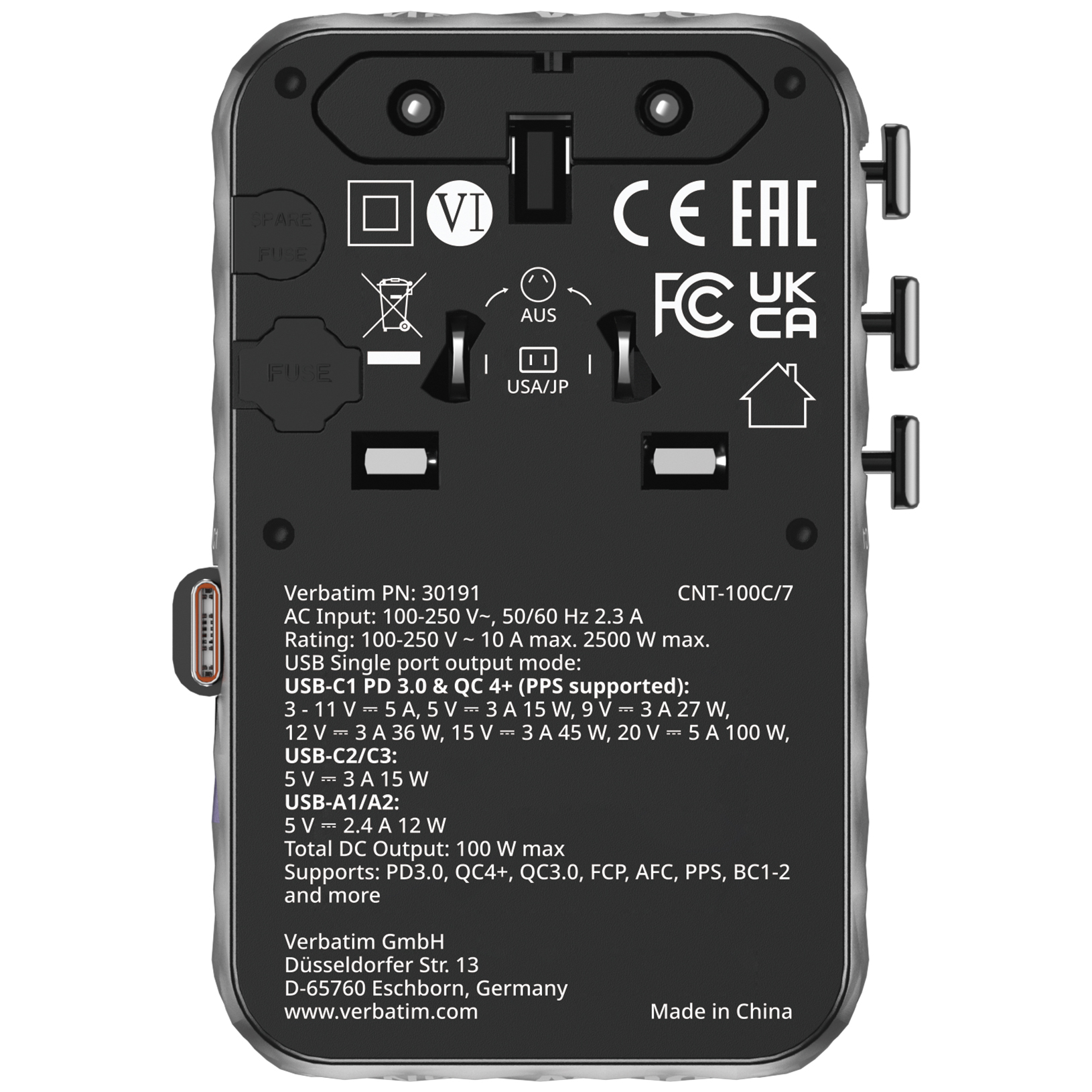 Verbatim Charger Travel Adapter 100W 2xC 2xA 1xRetractable USB-C Black