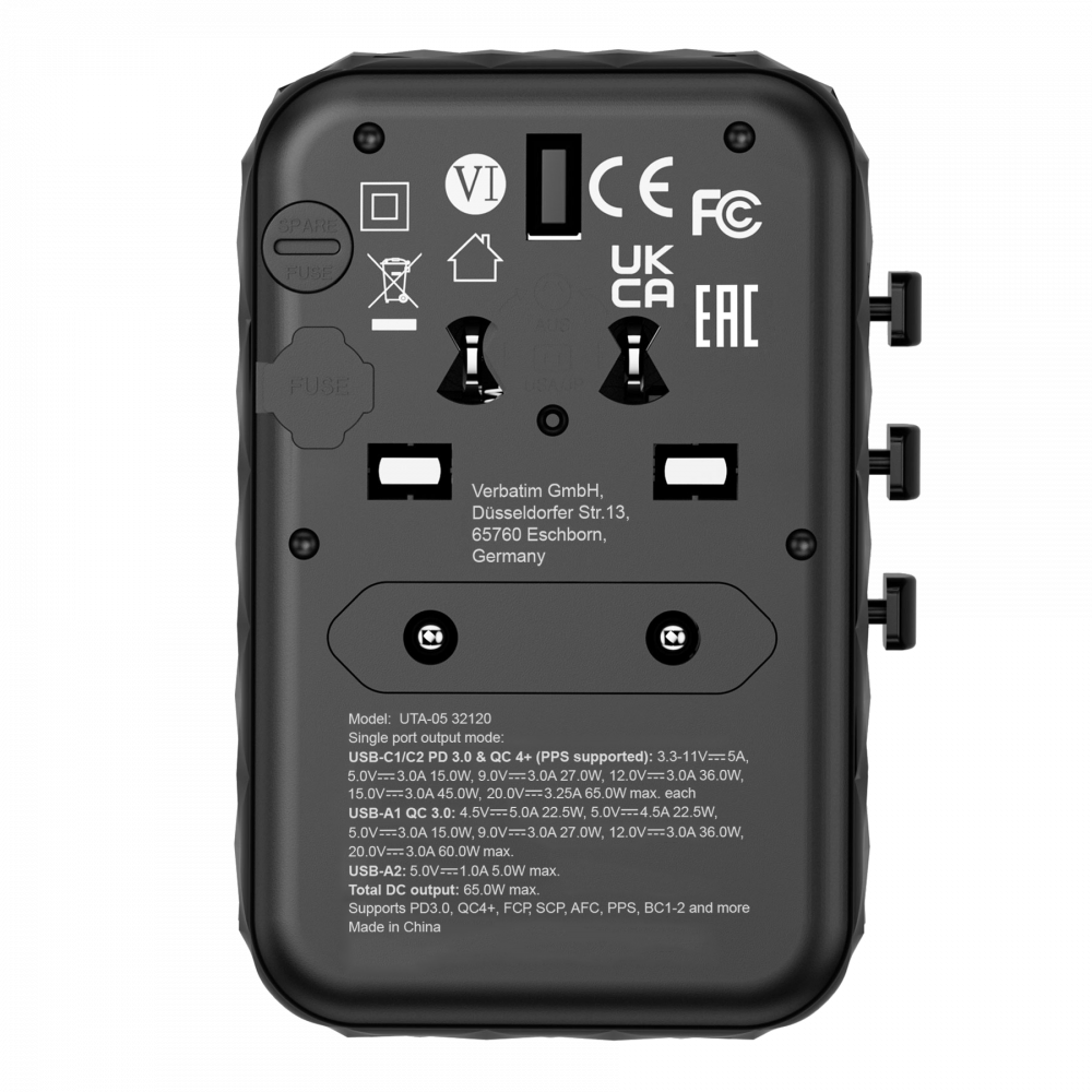 Verbatim Charger Travel Adapter World to World GAN III 65W 2xC 2xA UTA-05