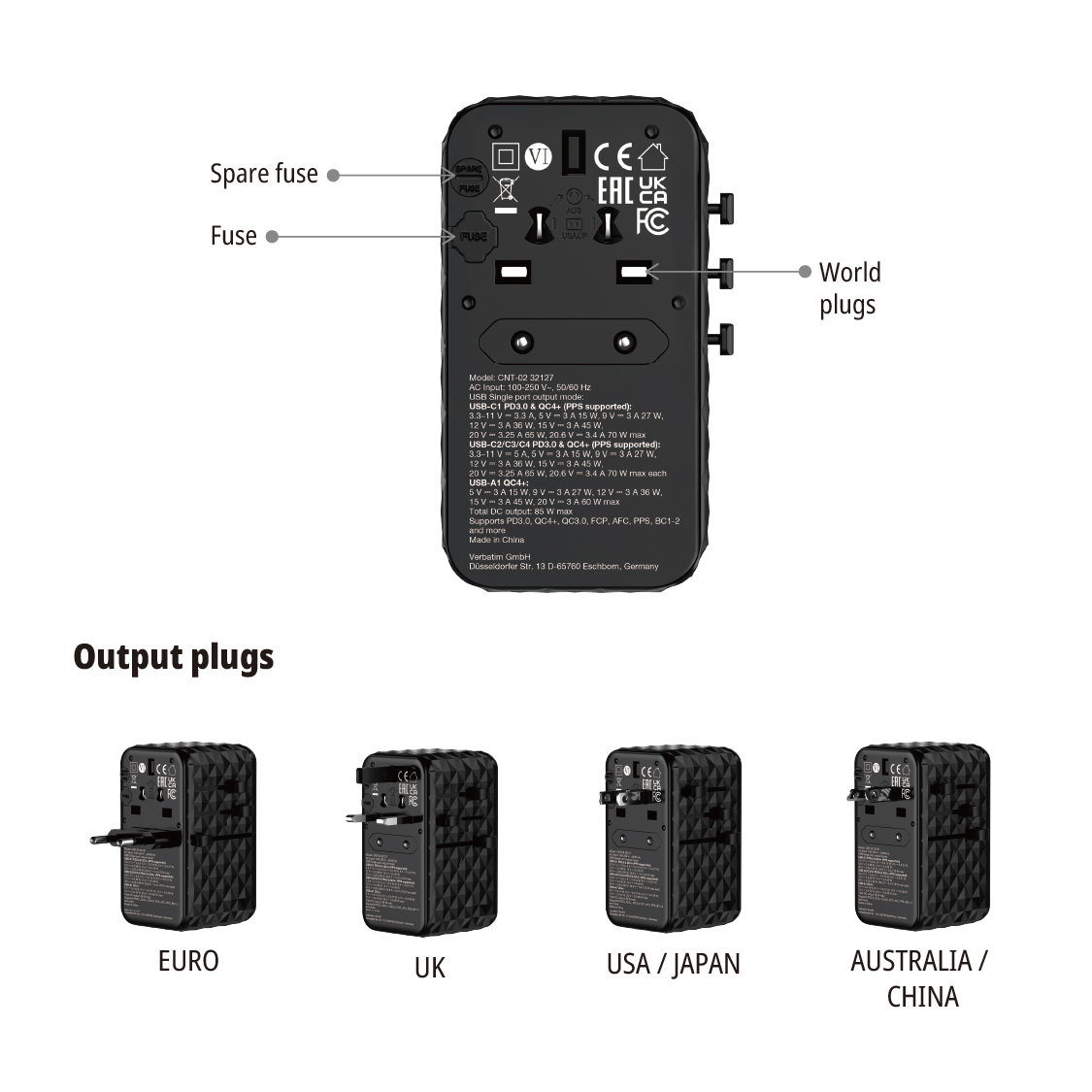 Verbatim Universal Charger Travel Adapter USB-C Retractable Cable 85W CNT-02