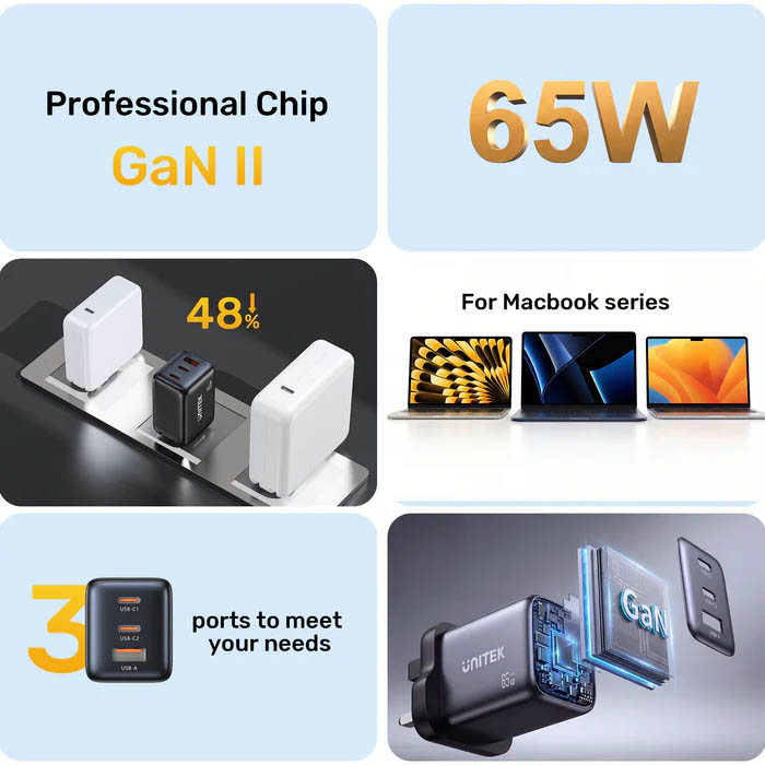 Unitek Charge Wall GaN 65W USBCx2 USBAx1 UK P1130 Black