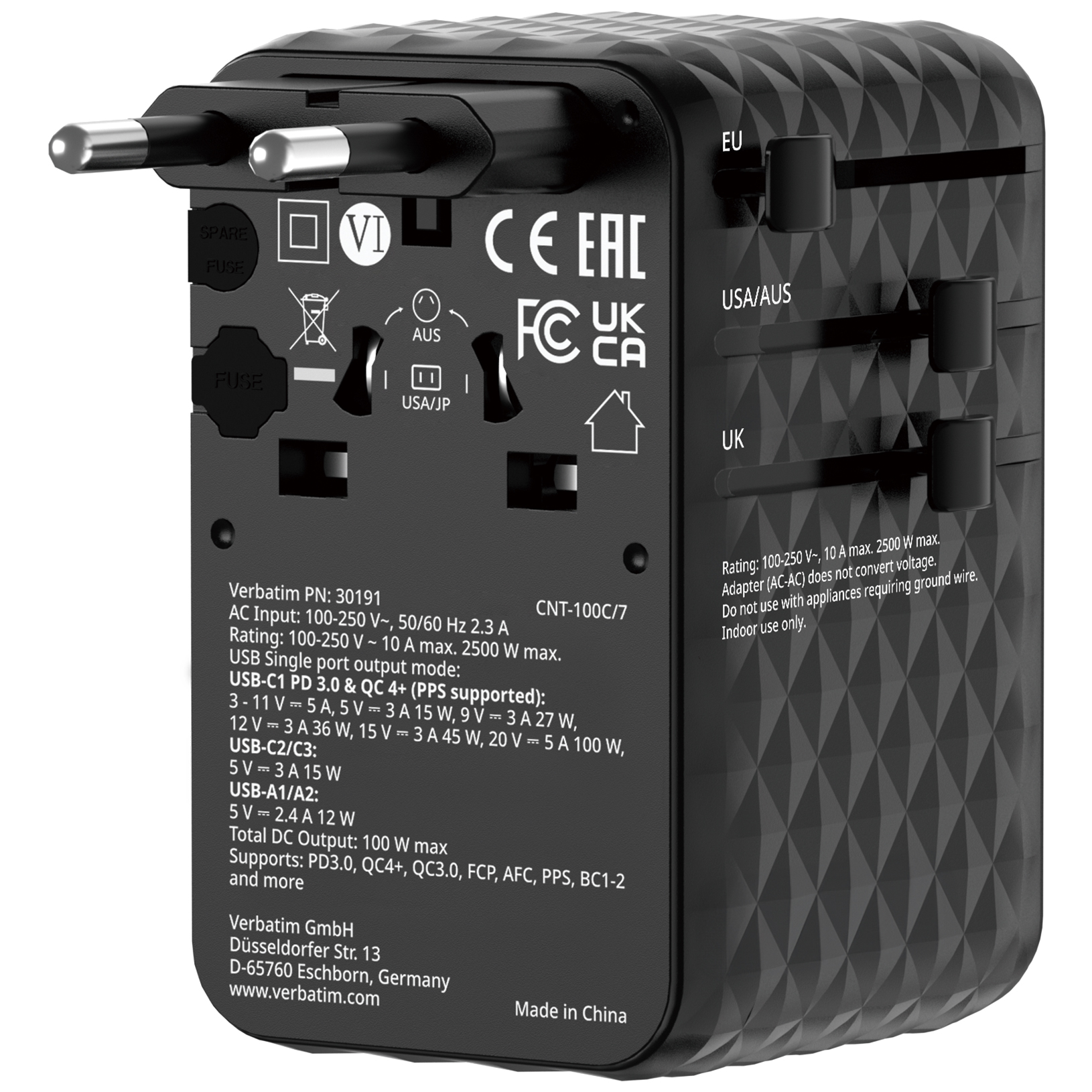 Verbatim Charger Travel Adapter 100W 2xC 2xA 1xRetractable USB-C Black