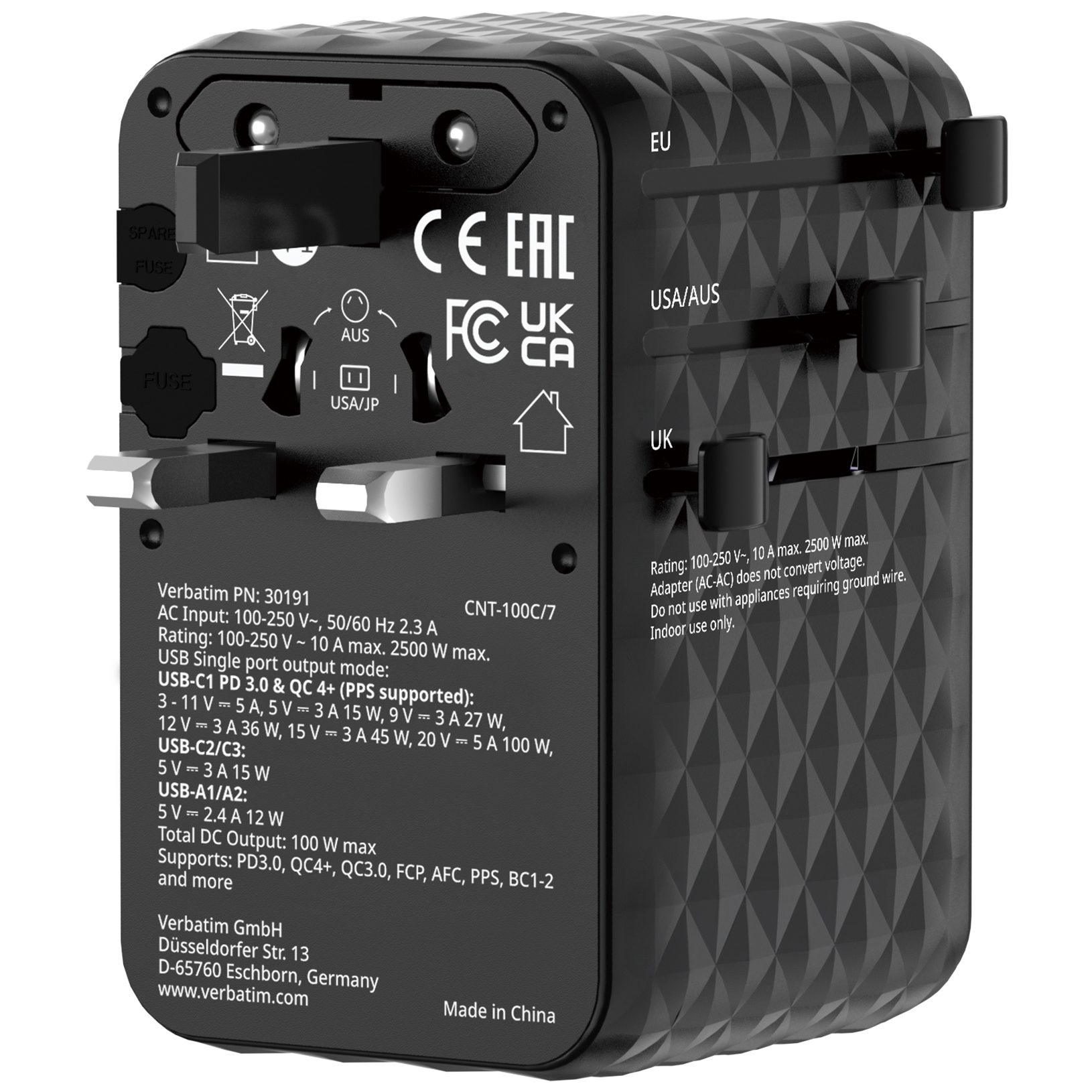 Verbatim Charger Travel Adapter 100W 2xC 2xA 1xRetractable USB-C Black