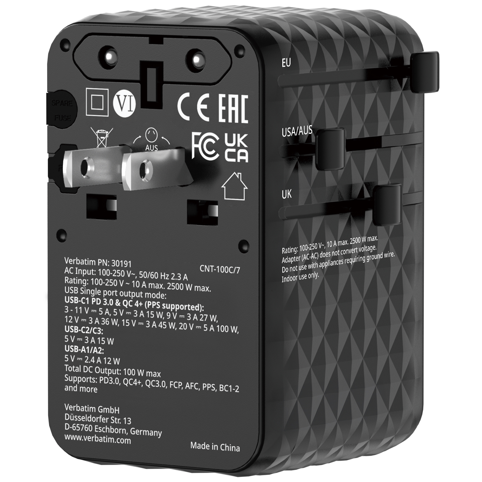 Verbatim Charger Travel Adapter 100W 2xC 2xA 1xRetractable USB-C Black
