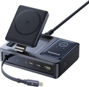 Baseus NOMOS 5in1 Desktop 140W Wired & Wireless Charger Qi2 3xUSBC+1A with LED Display UK Plug