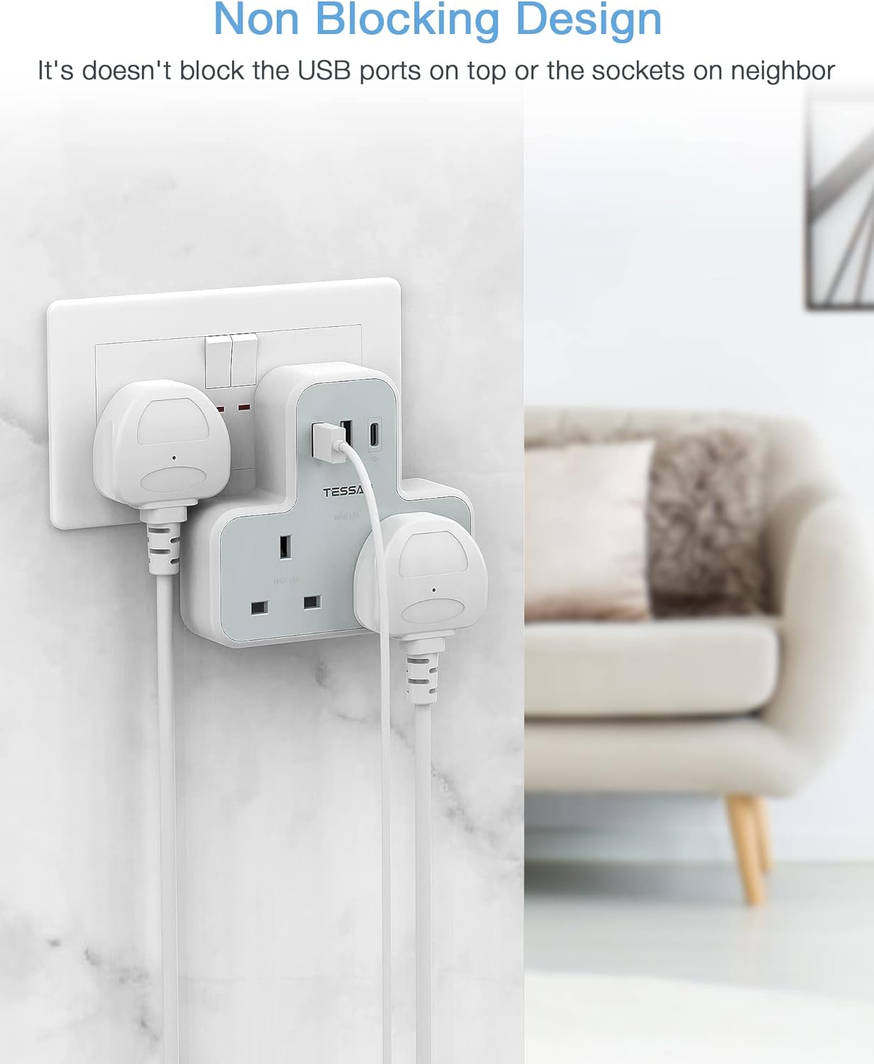 Tessan 2-Gang plug Through UK Charger 2 USB A USB C 13A TS-221-C