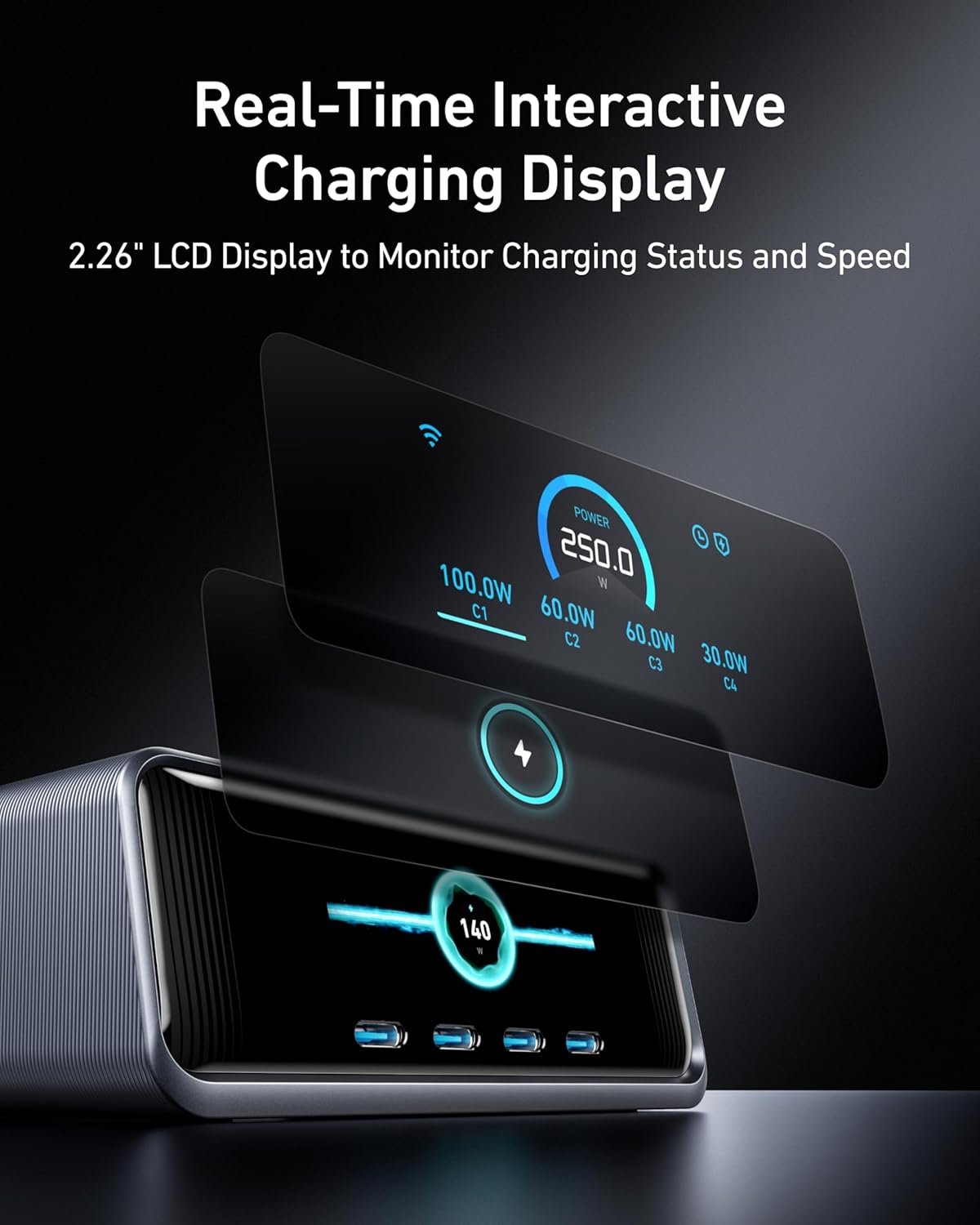 Anker Prime 250W USB C Charger, Ultra-Fast 6-Port GaN Charging Station, 2.26″ LCD Display and Smart Control Dial Black