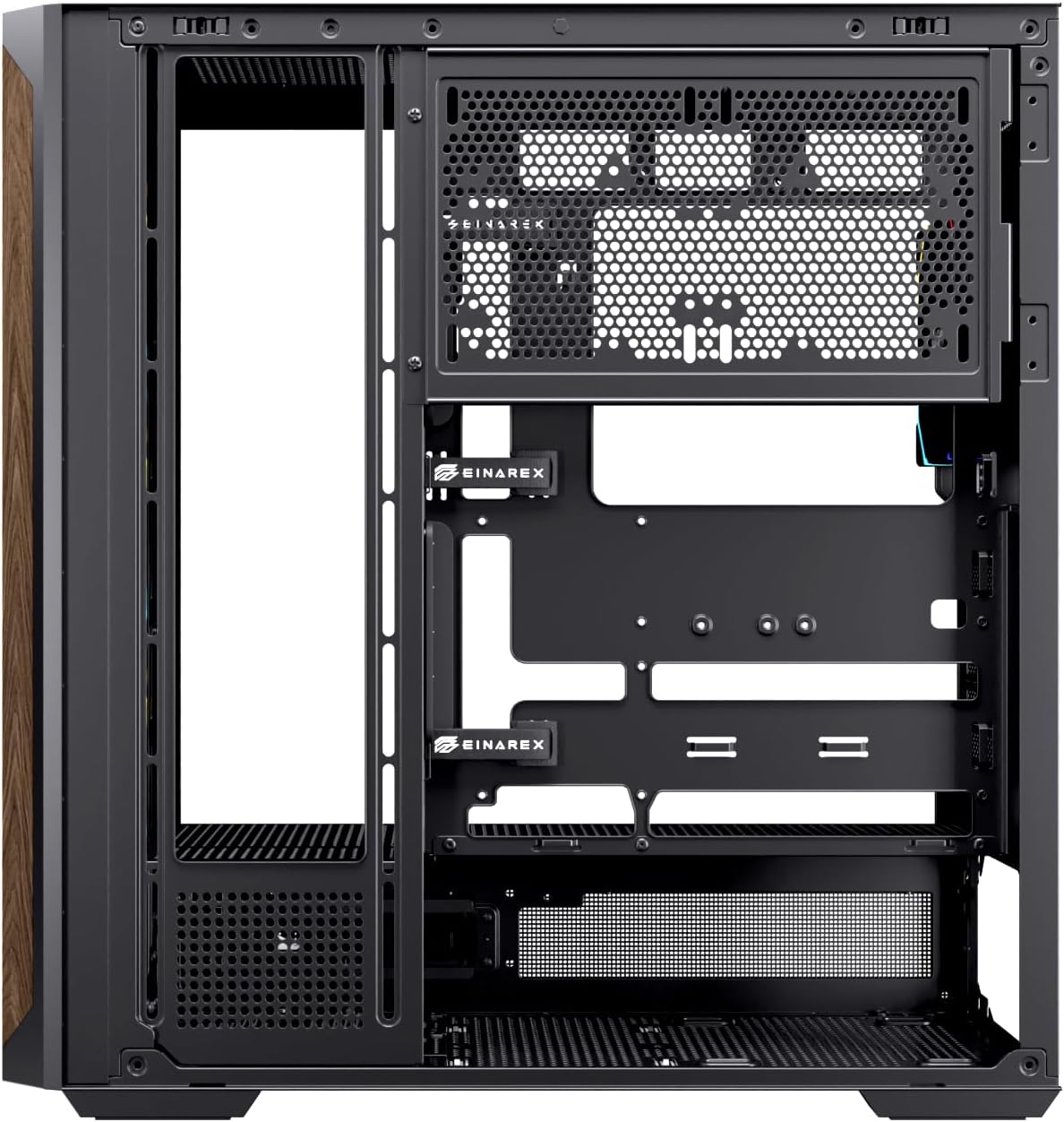 Einarex PC Case ATX P800 Core Black , Wood Front Panel, Tempered Glass Side Panel , 1 Rear Fan Pre-Installed