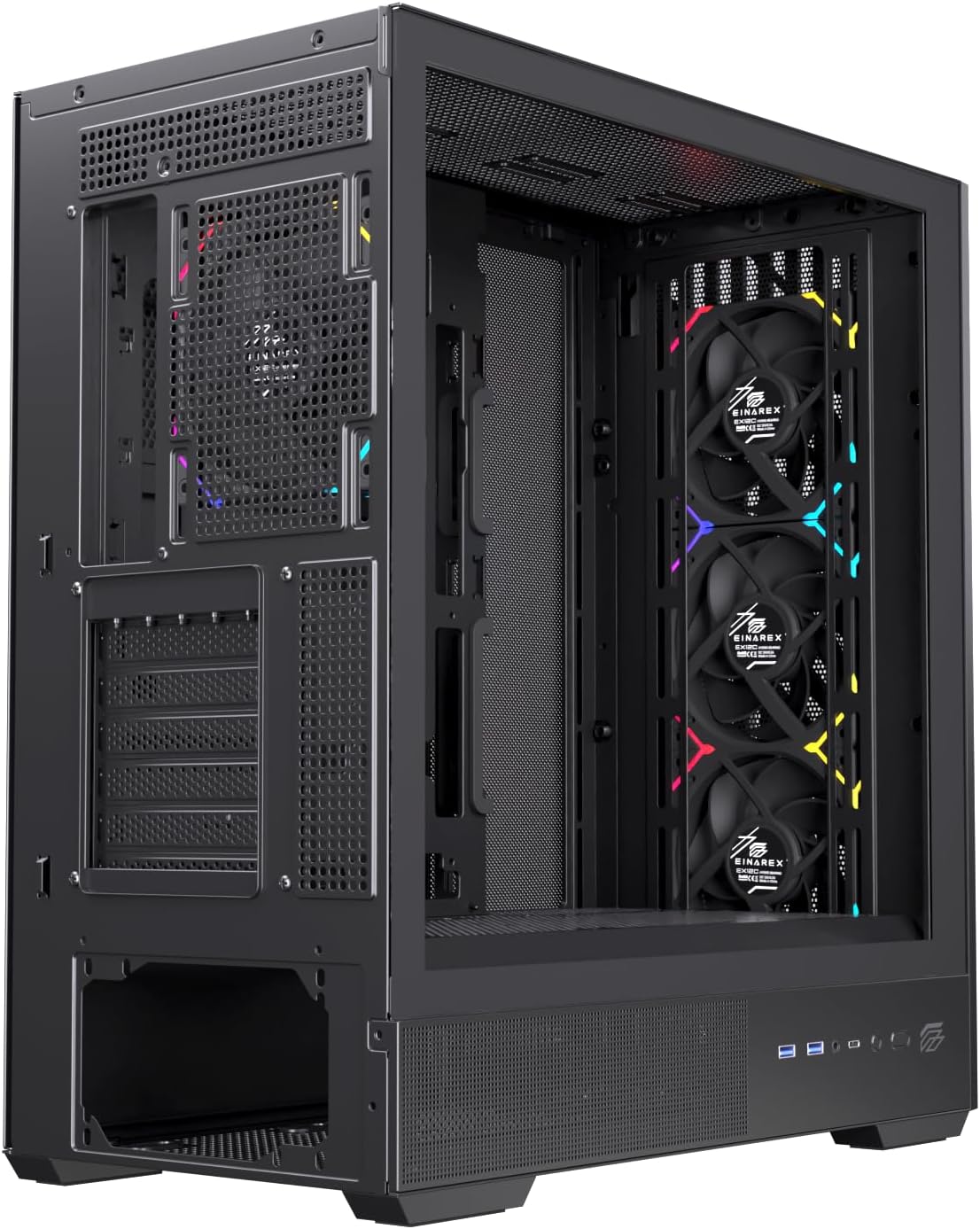 Einarex PC Case ATX P800 Core Black , Wood Front Panel, Tempered Glass Side Panel , 1 Rear Fan Pre-Installed
