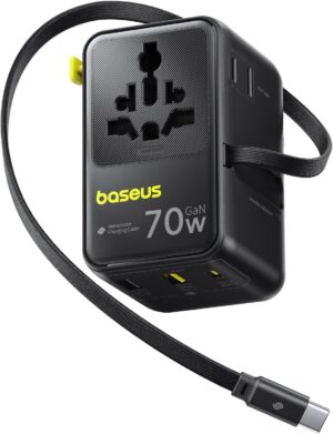 Baseus Charger Wall 70W EnerCore CG11 Universal Travel Adapter with Retractable Cable s Black