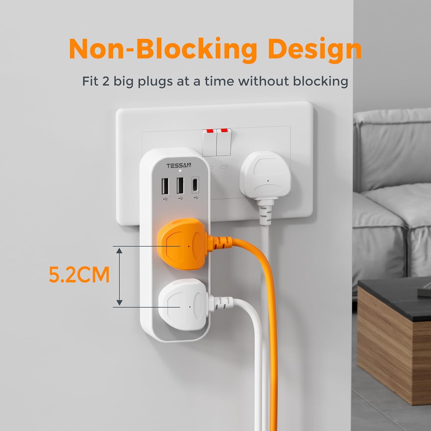 Tessan 2-Gang plug Through UK Charger 2 USB A USB C 13A TS-222-C