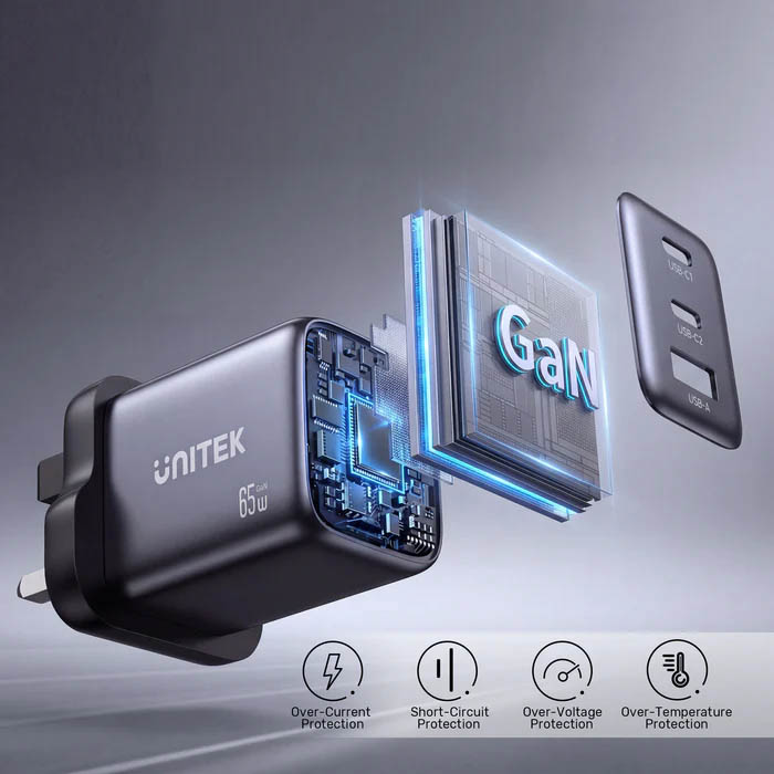 Unitek Charge Wall GaN 65W USBCx2 USBAx1 UK P1130 Black