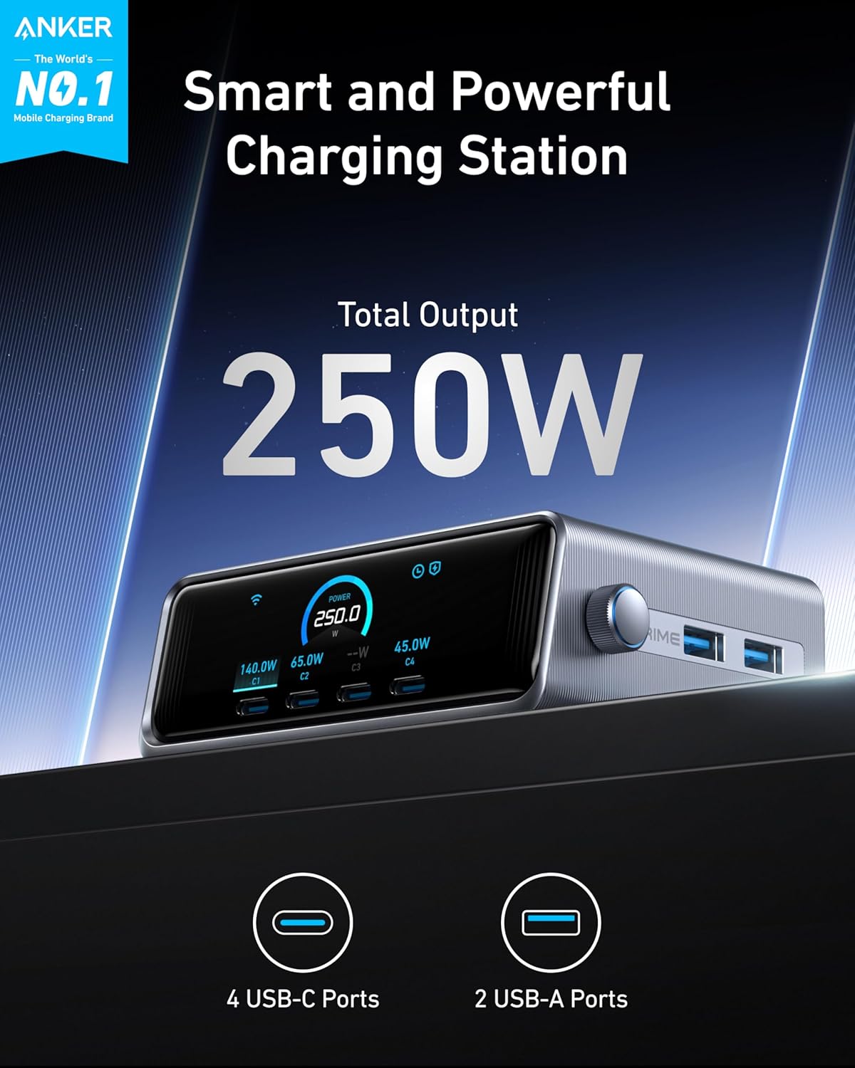 Anker Prime 250W USB C Charger, Ultra-Fast 6-Port GaN Charging Station, 2.26″ LCD Display and Smart Control Dial Black
