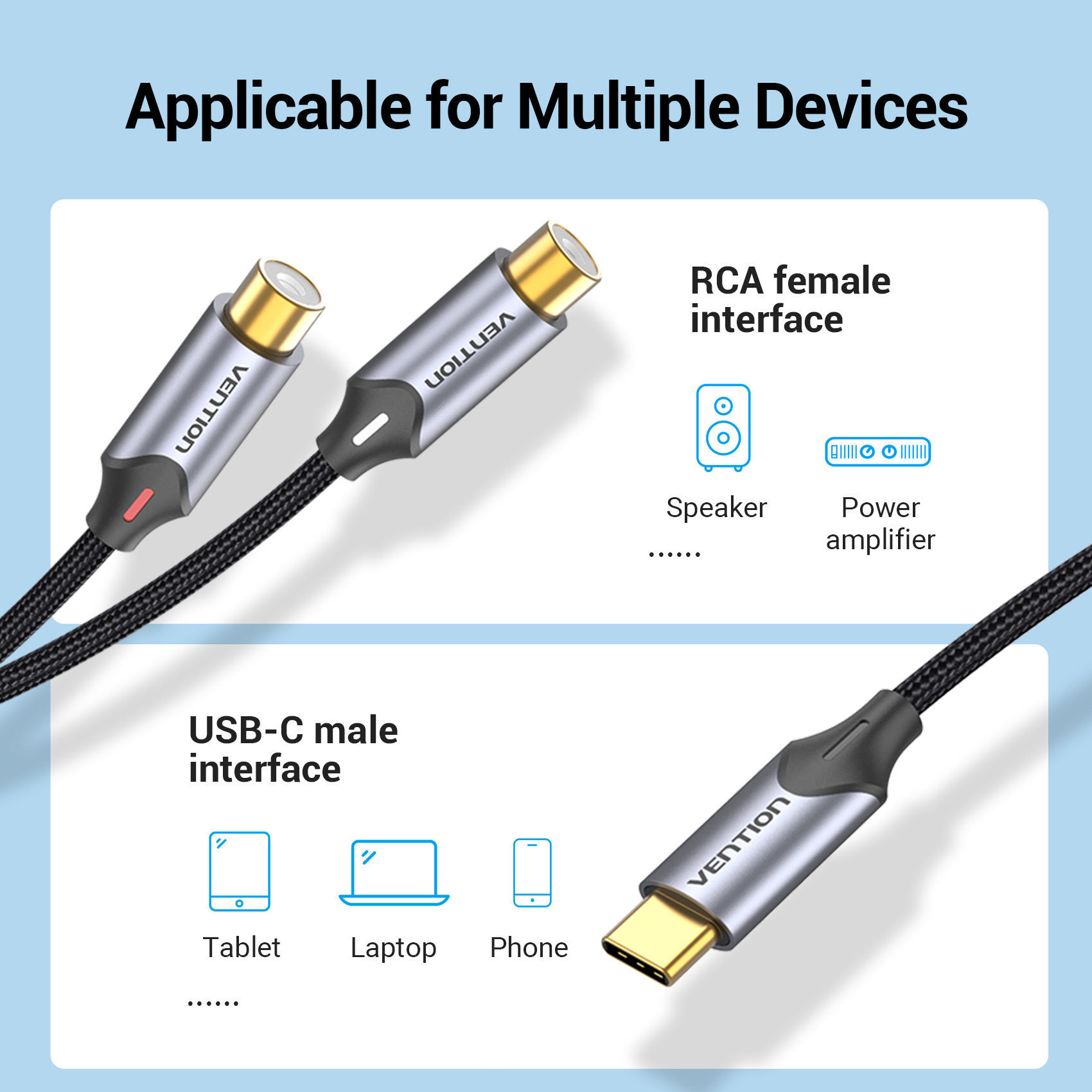 Vention AUDIO CONVERTER USB-C to 2RCA Female Cable Braided 0.5m BGVHD
