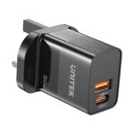 Unitek 20W Wall Charger USB-C PD & QC 3.0 UK P1124ABK Black