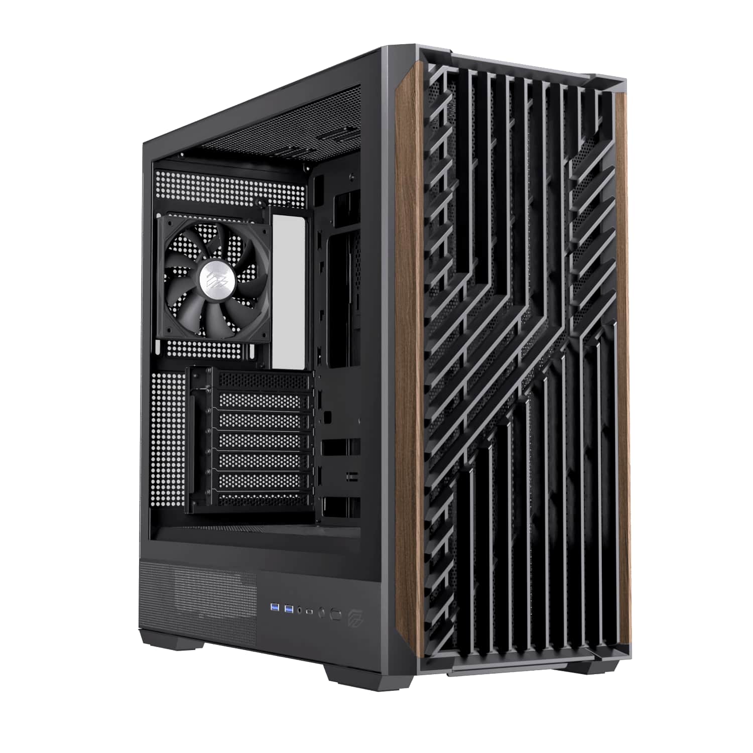 Einarex PC Case ATX P800 Core Black , Wood Front Panel, Tempered Glass Side Panel , 1 Rear Fan Pre-Installed