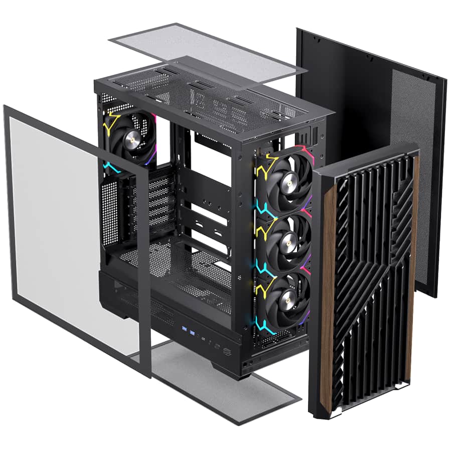 Einarex PC Case ATX P800 Core Black , Wood Front Panel, Tempered Glass Side Panel , 1 Rear Fan Pre-Installed