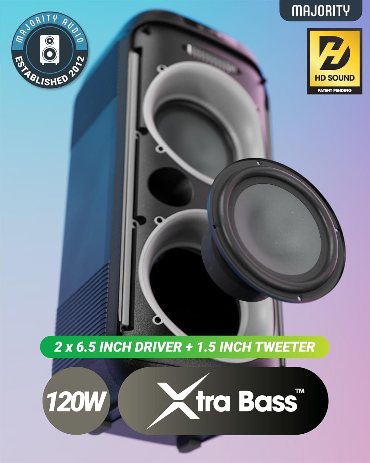 Majority Pulse P2 Portable Party & Karaoke Speaker with Wired Microphone, Bluetooth, USB/SD, Mic Echo, Treble, Bass Boost, TWS & LED Lights