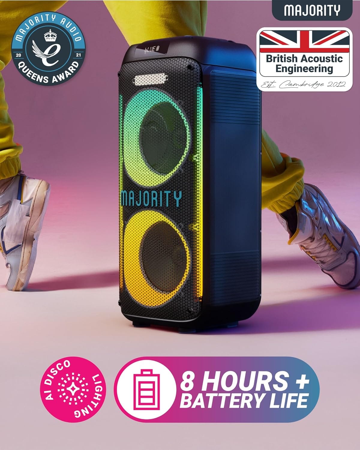 Majority Pulse P2 Portable Party & Karaoke Speaker with Wired Microphone, Bluetooth, USB/SD, Mic Echo, Treble, Bass Boost, TWS & LED Lights