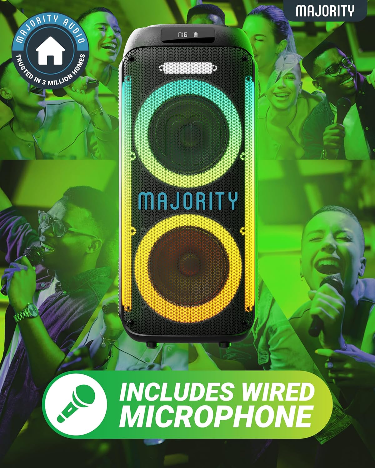 Majority Pulse P2 Portable Party & Karaoke Speaker with Wired Microphone, Bluetooth, USB/SD, Mic Echo, Treble, Bass Boost, TWS & LED Lights