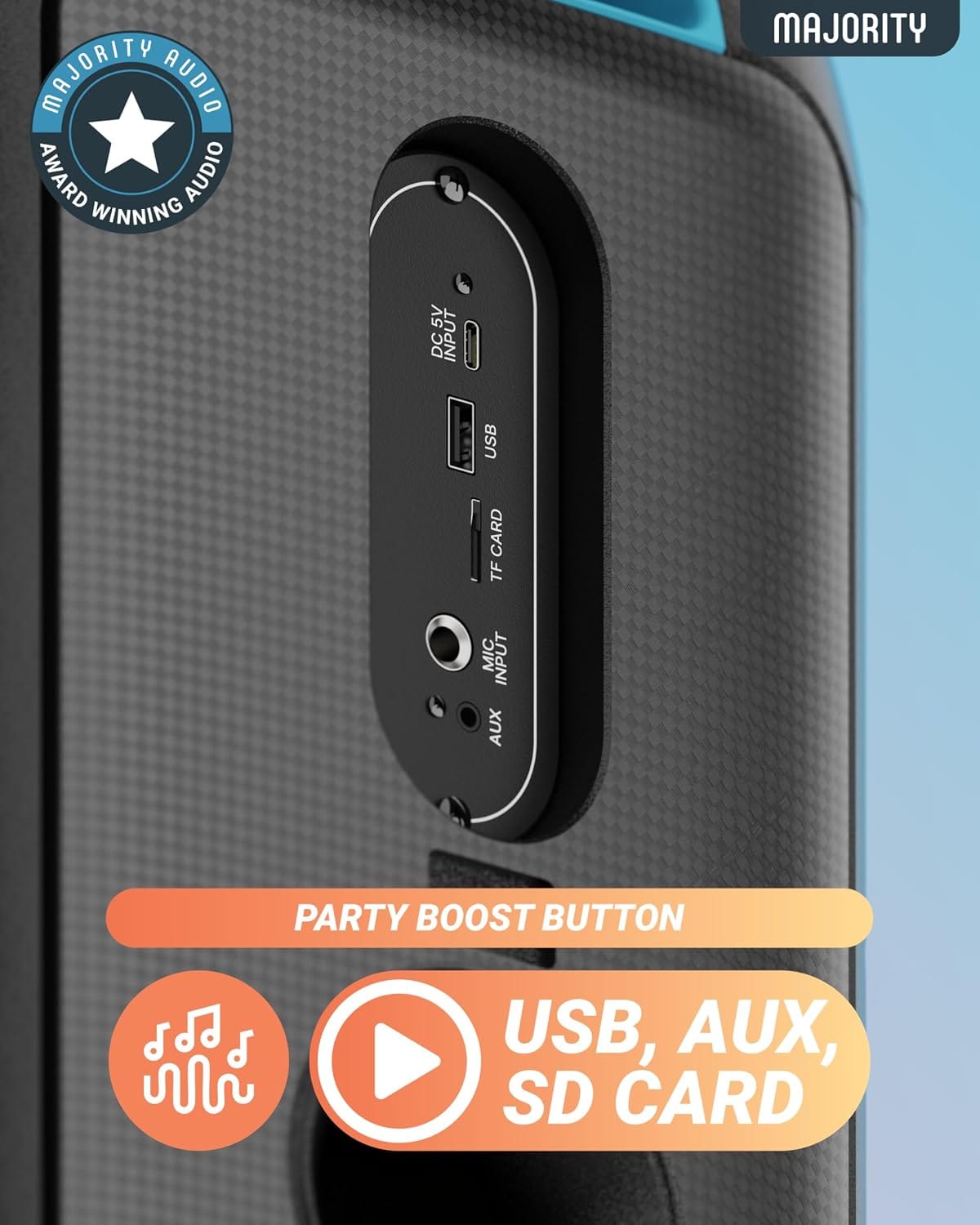 Majority Pulse P2 Portable Party & Karaoke Speaker with Wired Microphone, Bluetooth, USB/SD, Mic Echo, Treble, Bass Boost, TWS & LED Lights