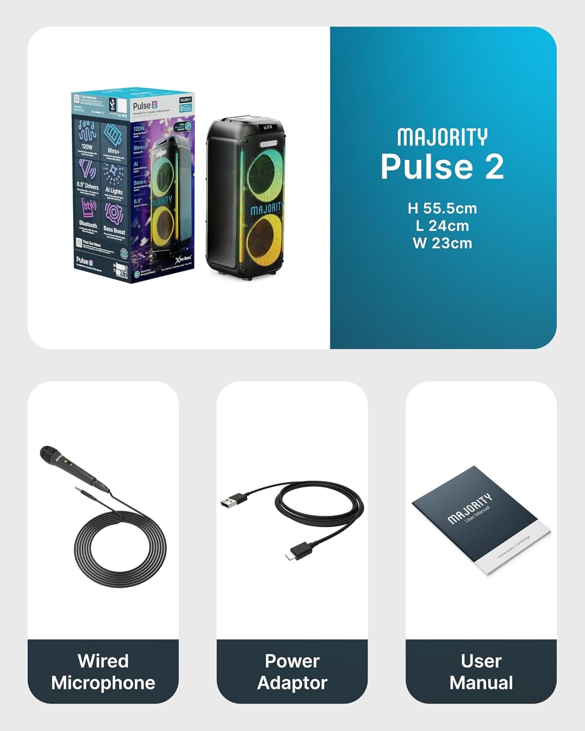 Majority Pulse P2 Portable Party & Karaoke Speaker with Wired Microphone, Bluetooth, USB/SD, Mic Echo, Treble, Bass Boost, TWS & LED Lights