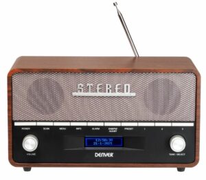 Denver DAB-36 Real Wood Retro FM Radio with Bluetooth & Alarm Clock (Works with Mains Power or 4xC Batteries)
