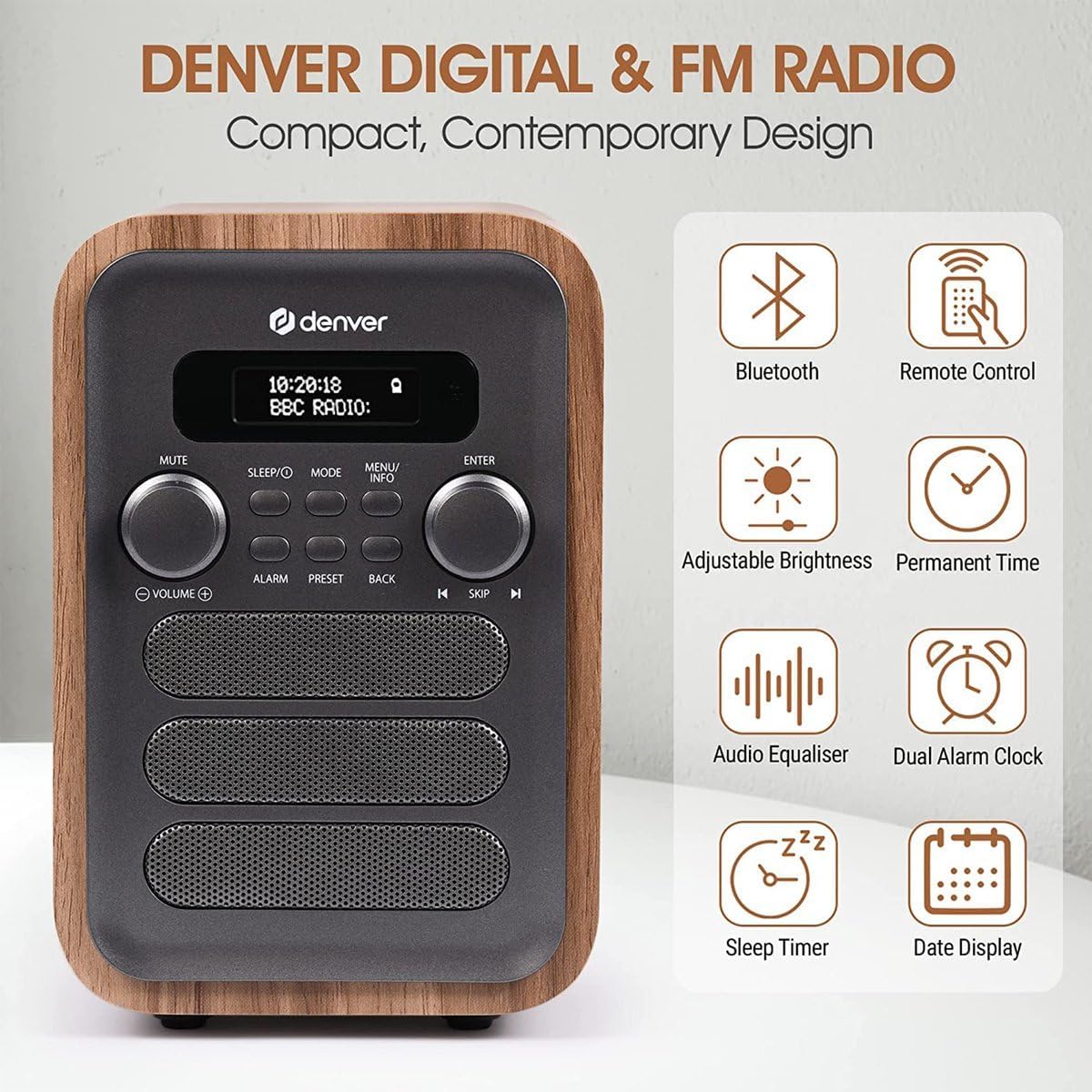 Denver DAB-48GR Grey Wooden FM Radio with Bluetooth
