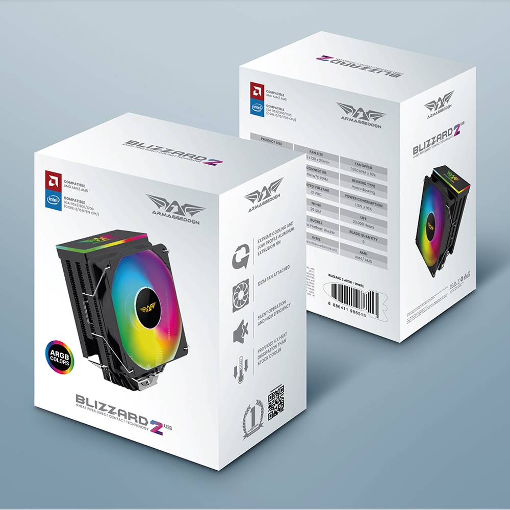 Armaggeddon Gaming Cooling CPU Silent RGB Fan 4-Pipe BLIZZARD 2 White