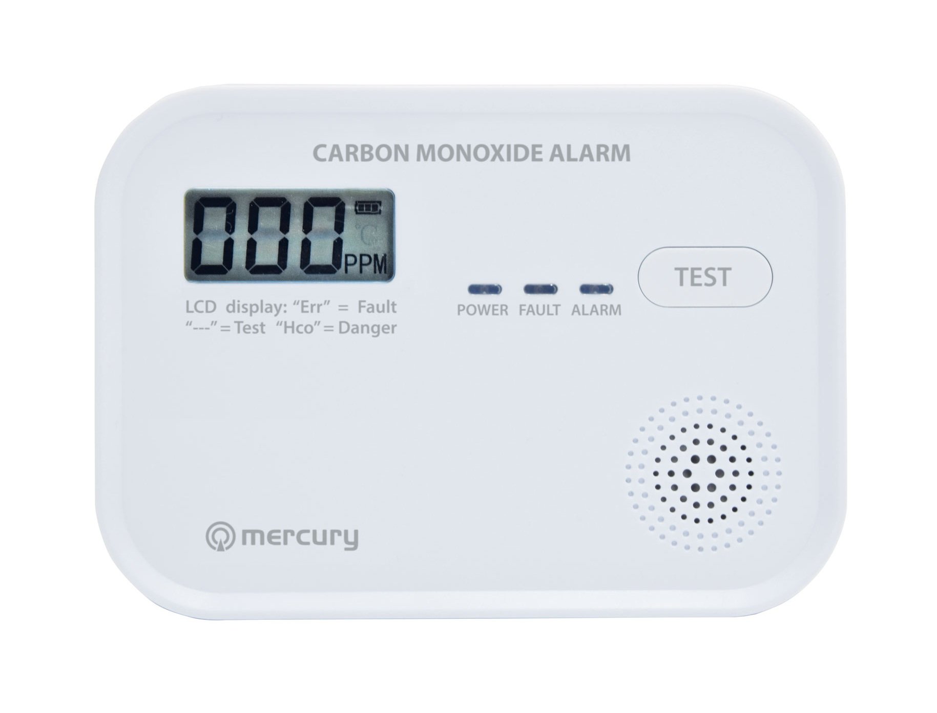 Mercury COD-218A Standalone Carbon Monoxide Alarm with LCD Display showing CO levels 350.139UK